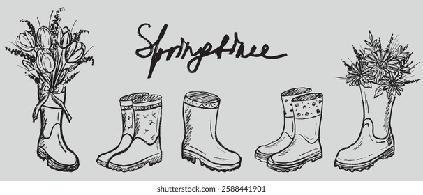 Rubber boots with spring bouquets of flowers in black brush stroke texture isolated on white background. Hand drawn vector sketch illustration in vintage charcoal ink. Springtime, 8 march