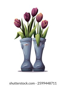 Rubber boots and tulips. Spring time, nature, gardening. Vector illustration