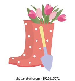 Botas de goma con tulipanes. Ilustración vectorial.