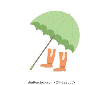 Botas de goma, composición de paraguas. Proteger del clima lluvioso. Monzón. Símbolos de resorte aislados. Ilustración vectorial.