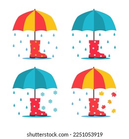 Rubber boots with an umbrella. Concept for different weather, seasons 