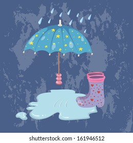 Rubber boots, umbrella, puddle, rain. Vector. Fall and spring.