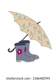 Rubber boots with umbrella and raindrops. Autumn. Vector