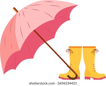 Rubber boots and umbrella vector set isolated on white background.