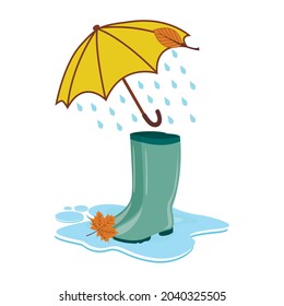 Rubber boots under an umbrella from which it is raining, vector illustration autumn day rubber birch boots umbrella yellow oak leaves puddle after rain, magazine for children, cartoon book