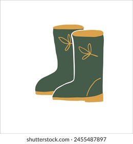 Rubber boots vector clipart. Cute hand drawn gumboots illustration. For thematic designs, stickers, patterns. Autumn footwear illustration isolated on white background

