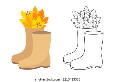 Rubber boots. Vector illustration autumn leaves and berries on white background. Line drawing of boots with bouquet. Coloring page.