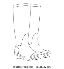Rubber boots. Vector illustration isolated on white. Black line. Coloring page.