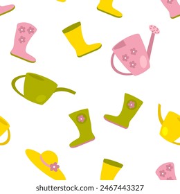 Rubber boots and water cans seamless pattern. Perfect gardening print for tee, paper, textile and fabric. Hand drawn vector illustration for decor and design.
