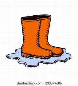 Rubber Boots in Water, Classic Etching Style, Colored Outlines