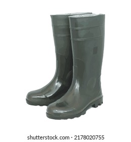 Rubber boots. Watercolour. Vector illustration. A pair of green rubber boots.