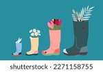 Rubber boots for the whole family with spring flowers and the rabbit. Family shoes. Family walk.
colorful spring and autumn flowers inside, sketch vector illustration isolated