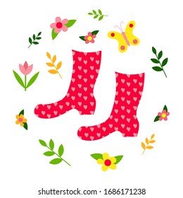 Botas de goma para trabajar en el jardín. Mariposa, flores, plantas. Hola Primavera. Diseño plano. Elementos aislados sobre un fondo blanco. Ilustración vectorial de material.