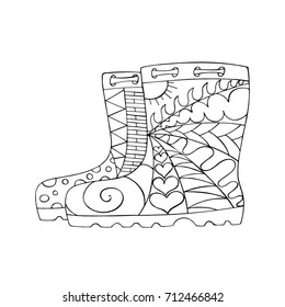 Rubber boots in zentangle style. Pattern for adult coloring book.