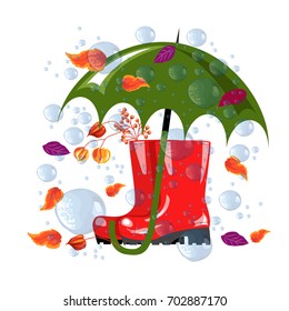 rubber boots.umbrella and autumn leaves