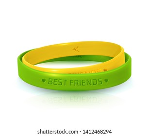 Rubber bracelets for best friends: yellow and green. Friendship Day, happy holiday of amity. Two silicone wristbands on white background. Vector illustration