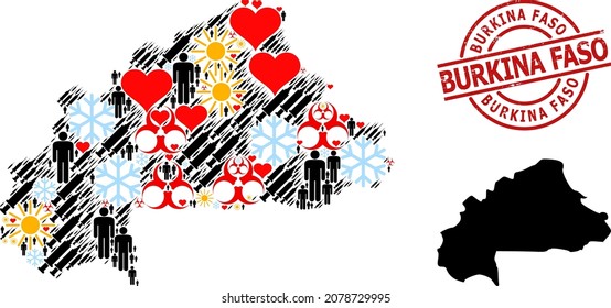 Rubber Burkina Faso seal, and frost customers vaccine collage map of Burkina Faso. Red round stamp seal contains Burkina Faso caption inside circle. Map of Burkina Faso mosaic is formed with snow,