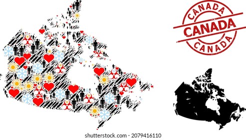 Rubber Canada stamp seal, and frost population inoculation collage map of Canada. Red round seal contains Canada caption inside circle. Map of Canada collage is composed of snow, sun, healthcare,