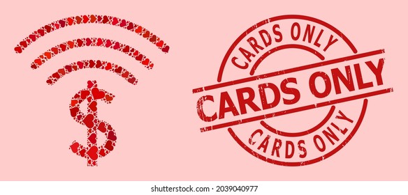 Rubber Cards Only badge, and red love heart mosaic for dollar emission. Red round seal has Cards Only title inside circle. Dollar emission mosaic is formed of red wedding elements.