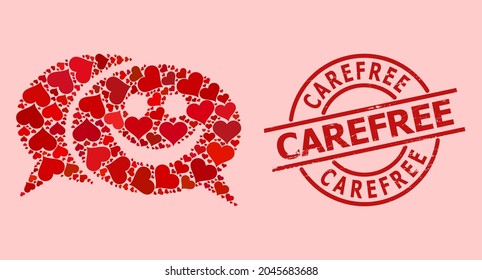 Rubber Carefree seal, and red love heart collage for happy chat. Red round stamp seal has Carefree text inside circle. Happy chat collage is composed with red dating icons.