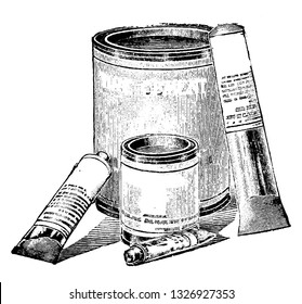 O cimento de borracha é um adesivo feito de polímeros elásticos (tipicamente látex) misturados em um solvente como acetona, hexano, vintage gravada ilustração de arte de linha. Acessórios para Bicicletas - 1900
