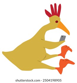 A rubber chicken is checking the messages on his mobile phone