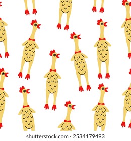 Rubber chicken seamless pattern. Funny dog toys on white background.