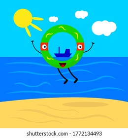 Rubber Circle cartoon character accessory for swimming actively jumps on the sandy beach on the background of the sea and a floating ship concept of the resort and vacation season