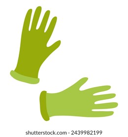 Rubber Cleaning or Gardening Protective Gloves. Flat Vector illustration Isolated on White. Latex Glove for Housework, Household, Medical concept. Cartoon Design object, Green Color Pair.