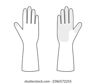Rubber cleaning protective Gloves Fashion hand accessory clothing technical illustration garment. Dish wash Vector front palm back view for Men, women style flat template CAD mockup isolated on white