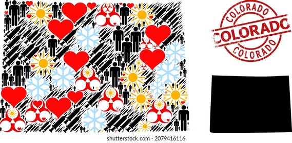 Rubber Colorado seal, and spring population syringe collage map of Colorado State. Red round badge has Colorado text inside circle. Map of Colorado State collage is constructed with snow, spring,