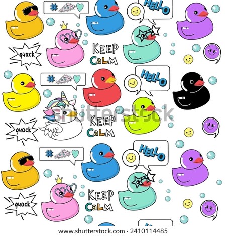 Rubber colorful duck seamless pattern on a white background. Vector illustration in cartoon style for packaging