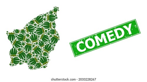 Rubber Comedy stamp seal, and San Marino map mosaic of opium poppy head icons. Green rectangle stamp has Comedy tag inside rectangle.
