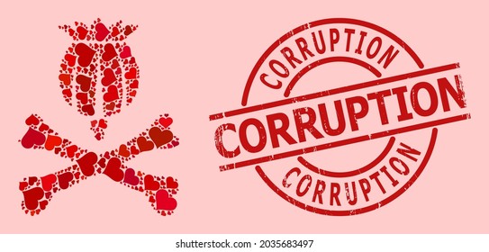 Sello de sello de corrupción de caucho, y patrón de corazón de amor rojo para opio mortal. El sello rojo redondo contiene la leyenda Corrupción dentro del círculo. El mosaico de opio moral está compuesto de íconos de boda rojos.