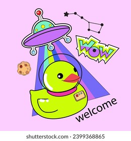 Pato cósmico de caucho en el espacio y la nave espacial. Ilustración vectorial. Arte pop
