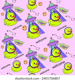 Rubber cosmic duck in space and spaceship seamless pattern. Vector illustration. Pop art
