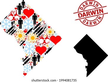 Rubber Darwin seal, and heart humans vaccine mosaic map of Washington DC. Red round seal includes Darwin tag inside circle. Map of Washington DC mosaic is created of frost, weather, love, humans,