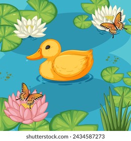 Rubber duck among lilies and butterflies illustration