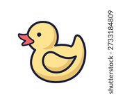 Rubber duck for the bath icon. Outline yellow duck illustration for kids textile design, baby shower. Cartoon style. Vector illustration