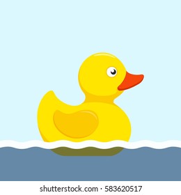 Rubber duck bath toy swimming in the water in flat style isolated. Vector illustration