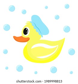 Rubber duck in bathing cap isolated. Soap bubbles. Vector illustration for kids.
