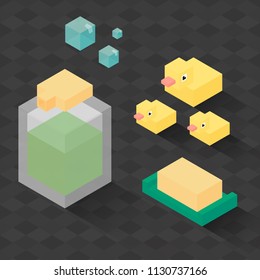 rubber duck bathroom soap pump bottle isometric 3D vector illustration