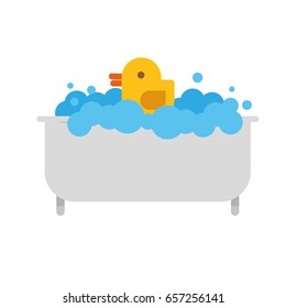 Rubber duck in bathub. Flat design cute illustration.
