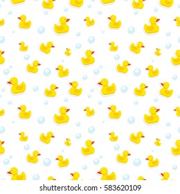 Rubber duck and bubbles seamless pattern bath toy on white background. Vector illustration
