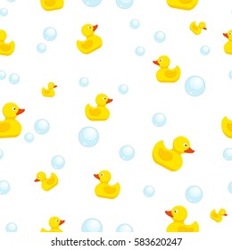 Rubber duck and bubbles seamless pattern bath toy on white background. Vector illustration