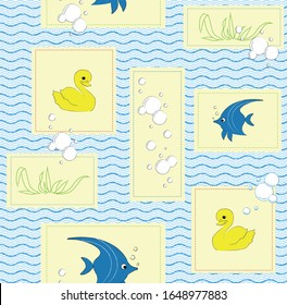 Rubber duck and bubbles - Seamless vector pattern for kids, interior, bath shower curtain