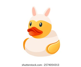 Rubber duck in a bunny costume with pink ears. Cute yellow rubber duck. Cartoon child toy for bath. Vector illustration isolated on white background