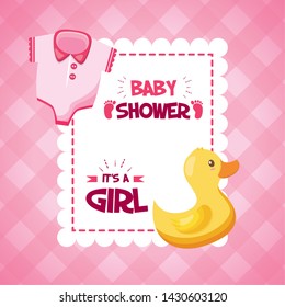 rubber duck clothes girl decoration baby shower card vector illustration