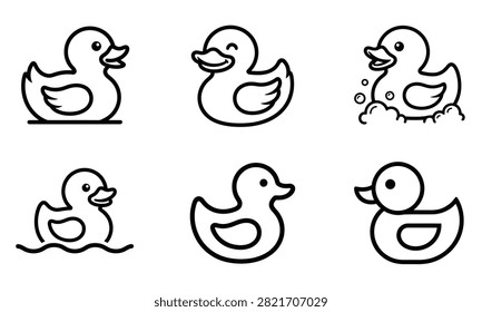 Rubber duck collection set on transparent background playful bath toy cute simple line icon style.