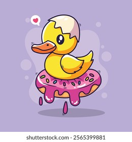 Rubber duck with donut. Vector illustration. Cartoon style.